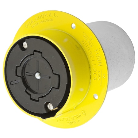 Hubbell Wiring Device-Kellems Flanged Locking Receptacle, Non-NEMA, 60 A, 600V AC, Three Phase, 3 Pole, Screw Terminals, Yellow HBL26421